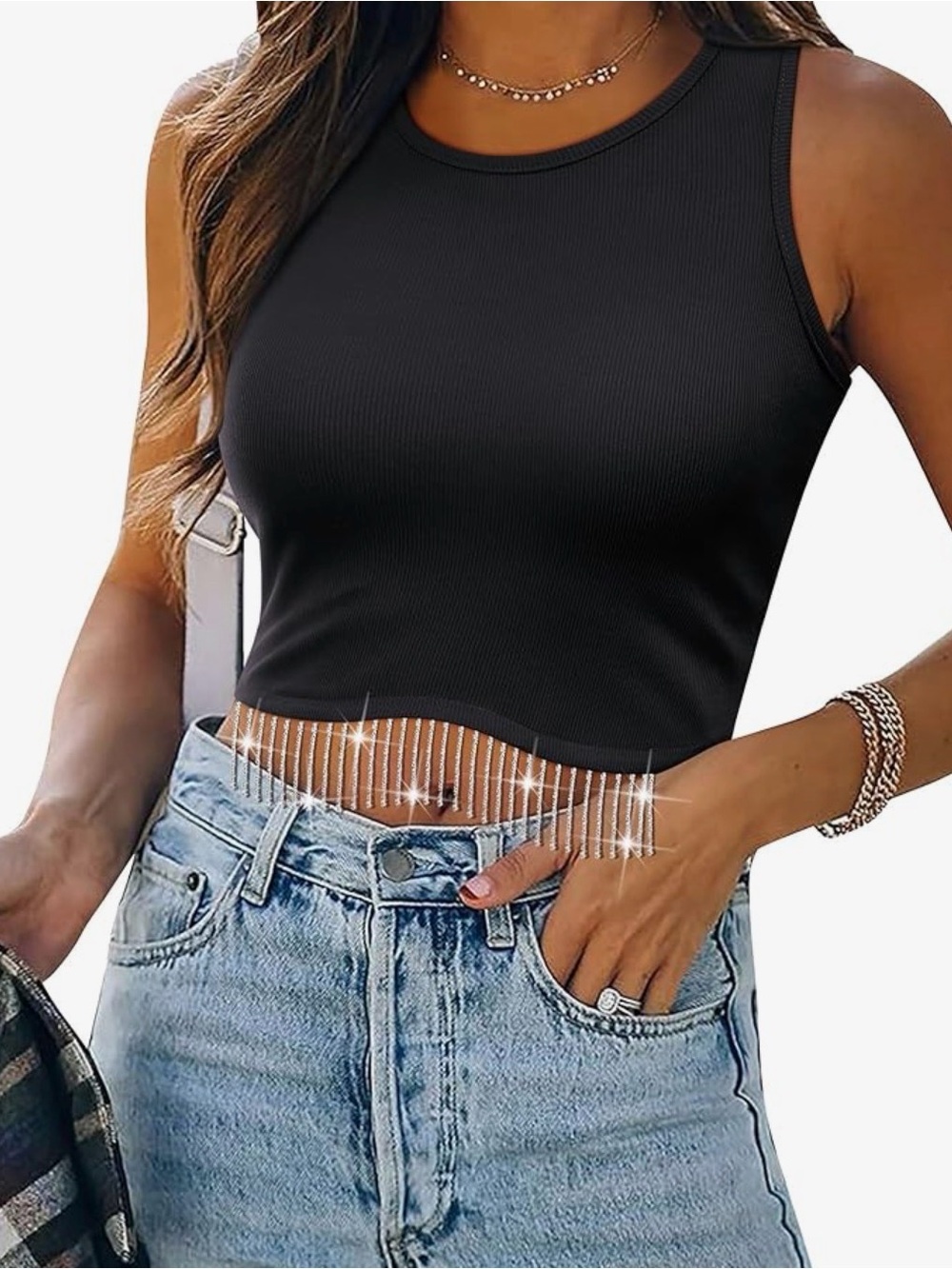Black Chain Fringe Crop Tank Top